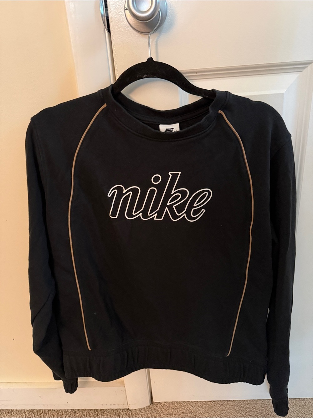 Nike Black Sweatshirt and matching pants with Tan Piping and White Script Logo M